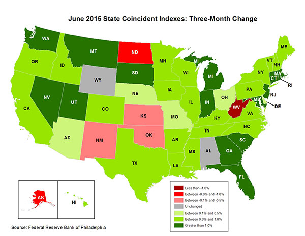 Map of the U.S. showing the State Coincident Indexes Three-Month Change in June 2015