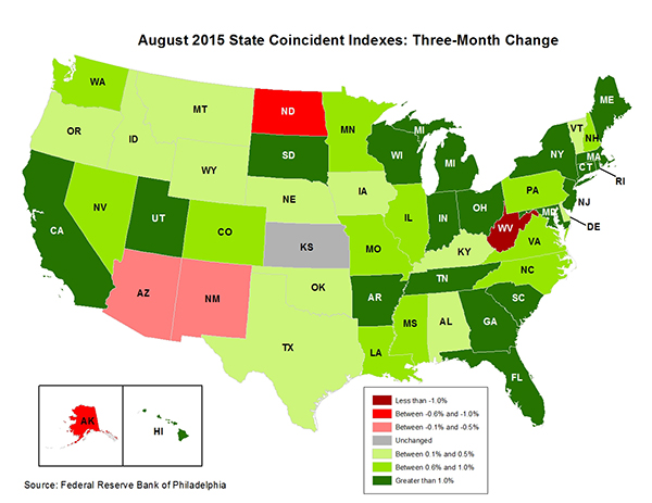 Map of the U.S. showing the State Coincident Indexes Three-Month Change in August 2015