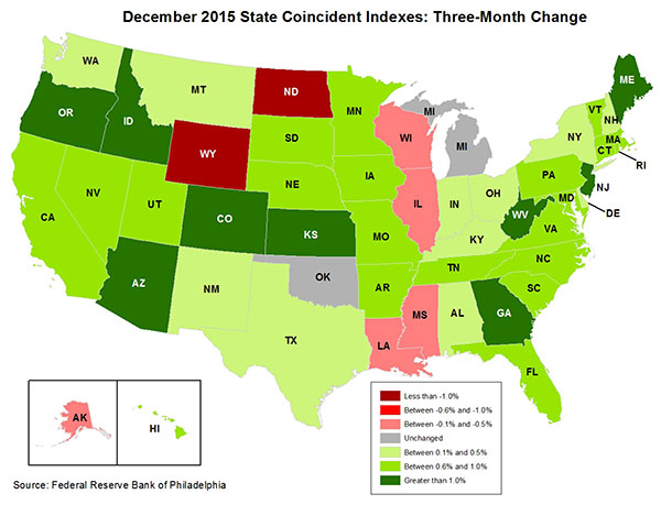 Map of the U.S. showing the State Coincident Indexes Three-Month Change in December 2015