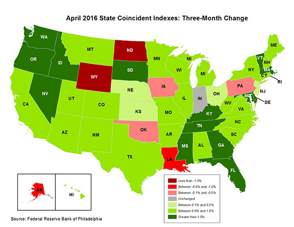 Map of the U.S. showing the State Coincident Indexes Three-Month Change in April 2016