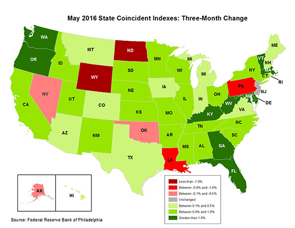 Map of the U.S. showing the State Coincident Indexes Three-Month Change in May 2016