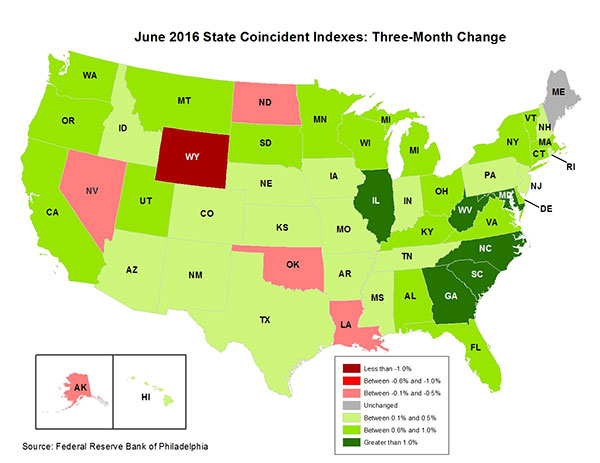 Map of the U.S. showing the State Coincident Indexes Three-Month Change in June 2016