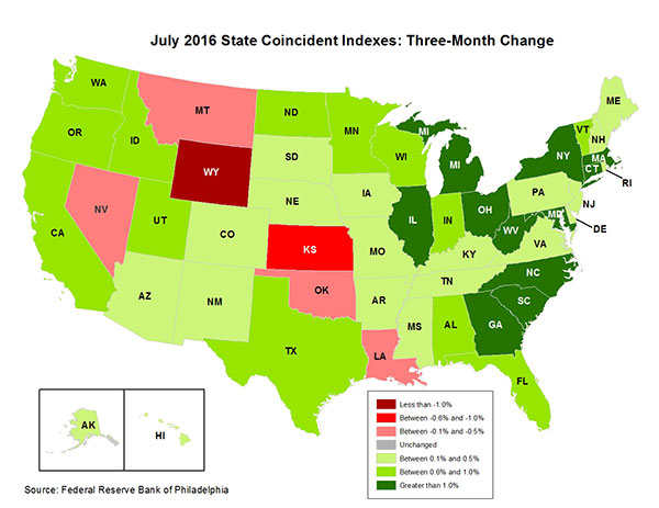 Map of the U.S. showing the State Coincident Indexes Three-Month Change in July 2016