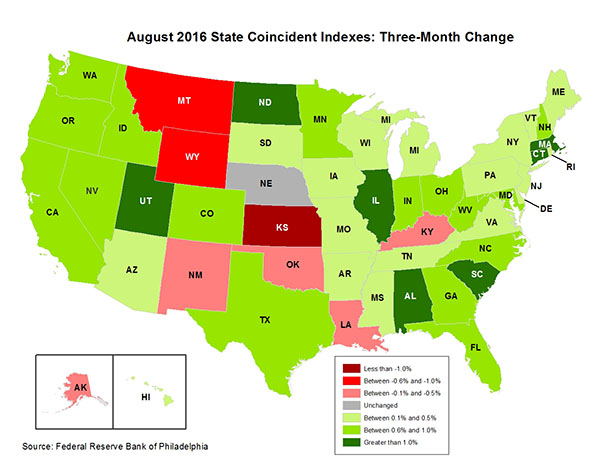 Map of the U.S. showing the State Coincident Indexes Three-Month Change in August 2016