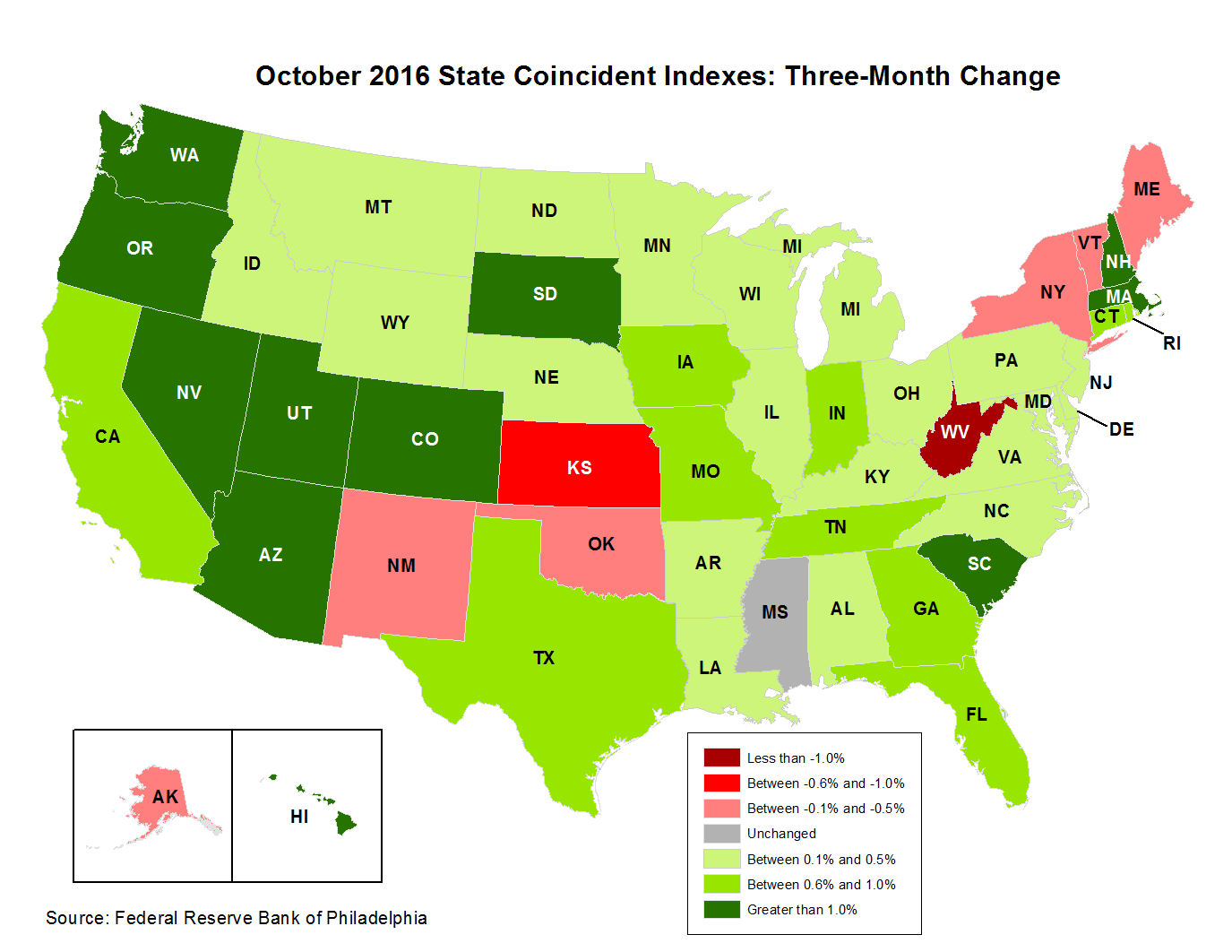 Map of the U.S. showing the State Coincident Indexes Three-Month Change in October 2016