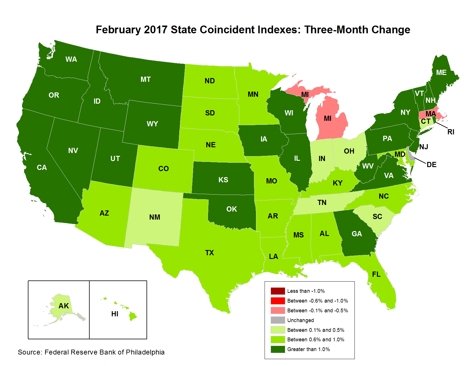 Map of the U.S. showing the State Coincident Indexes Three-Month Change in February 2017