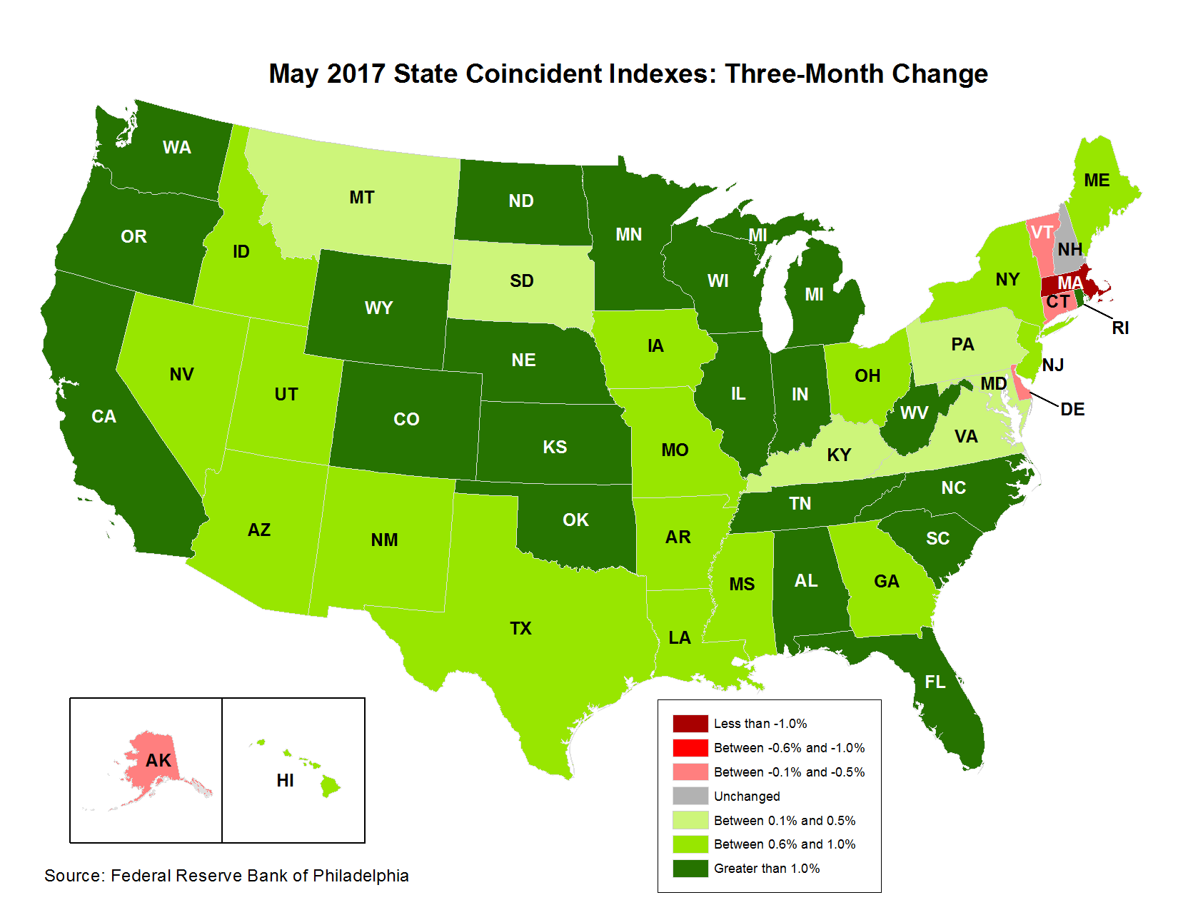 Map of the U.S. showing the State Coincident Indexes Three-Month Change in May 2017