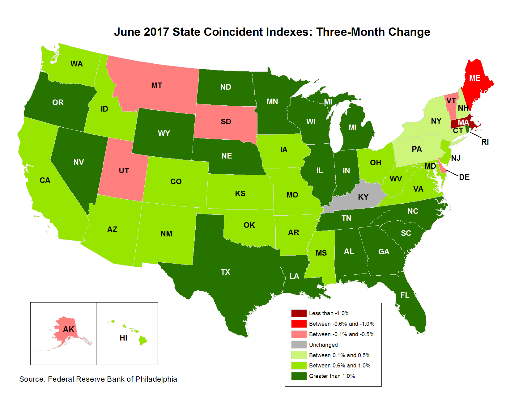Map of the U.S. showing the State Coincident Indexes Three-Month Change in June 2017