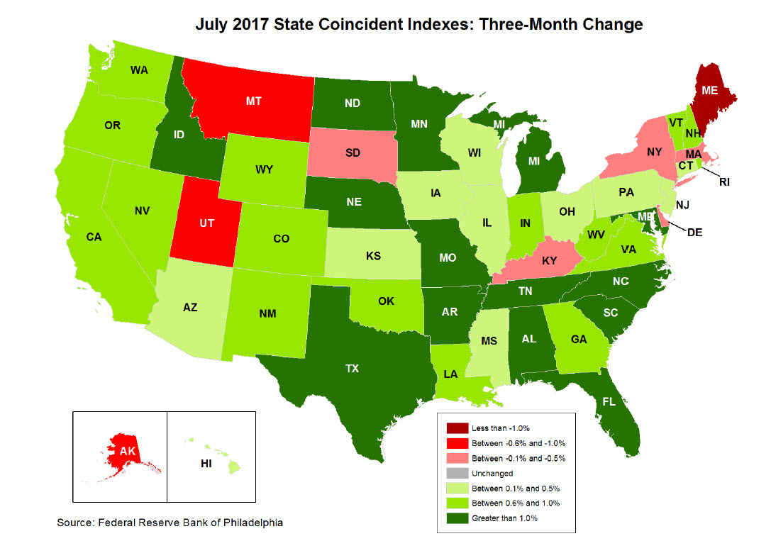 Map of the U.S. showing the State Coincident Indexes Three-Month Change in July 2017