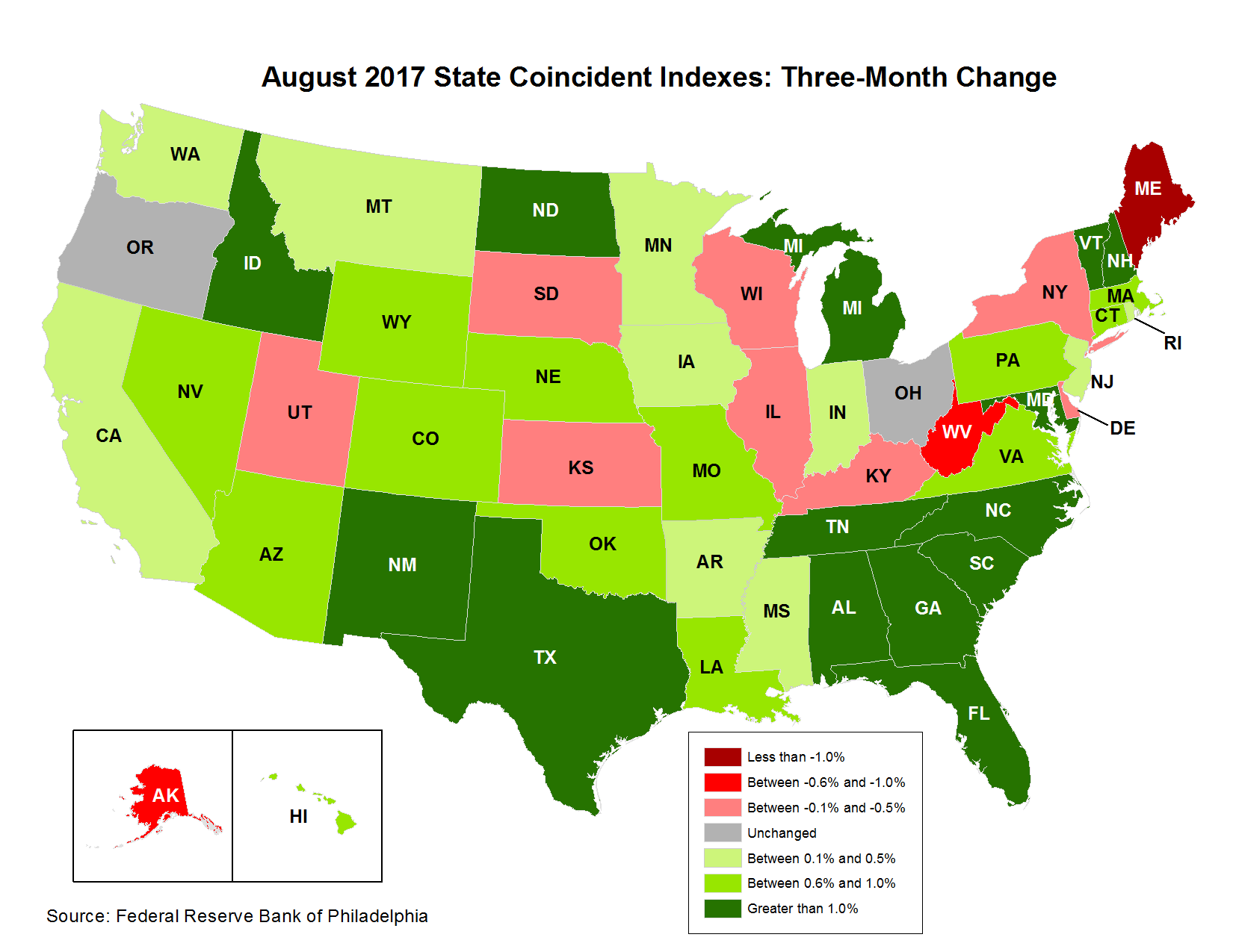 Map of the U.S. showing the State Coincident Indexes Three-Month Change in August 2017