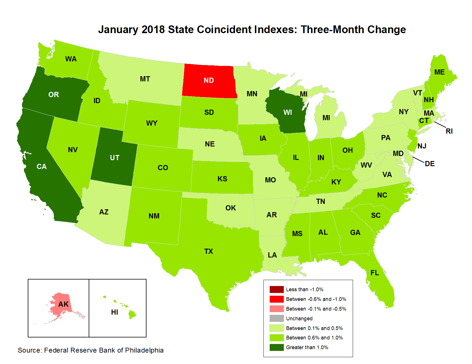 Map of the U.S. showing the State Coincident Indexes Three-Month Change in January 2018