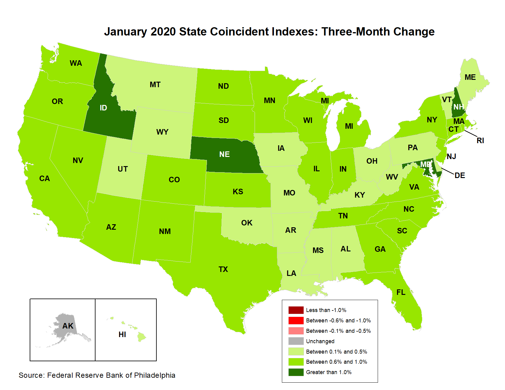 Map of the U.S. showing the State Coincident Indexes Three-Month Change in January 2020