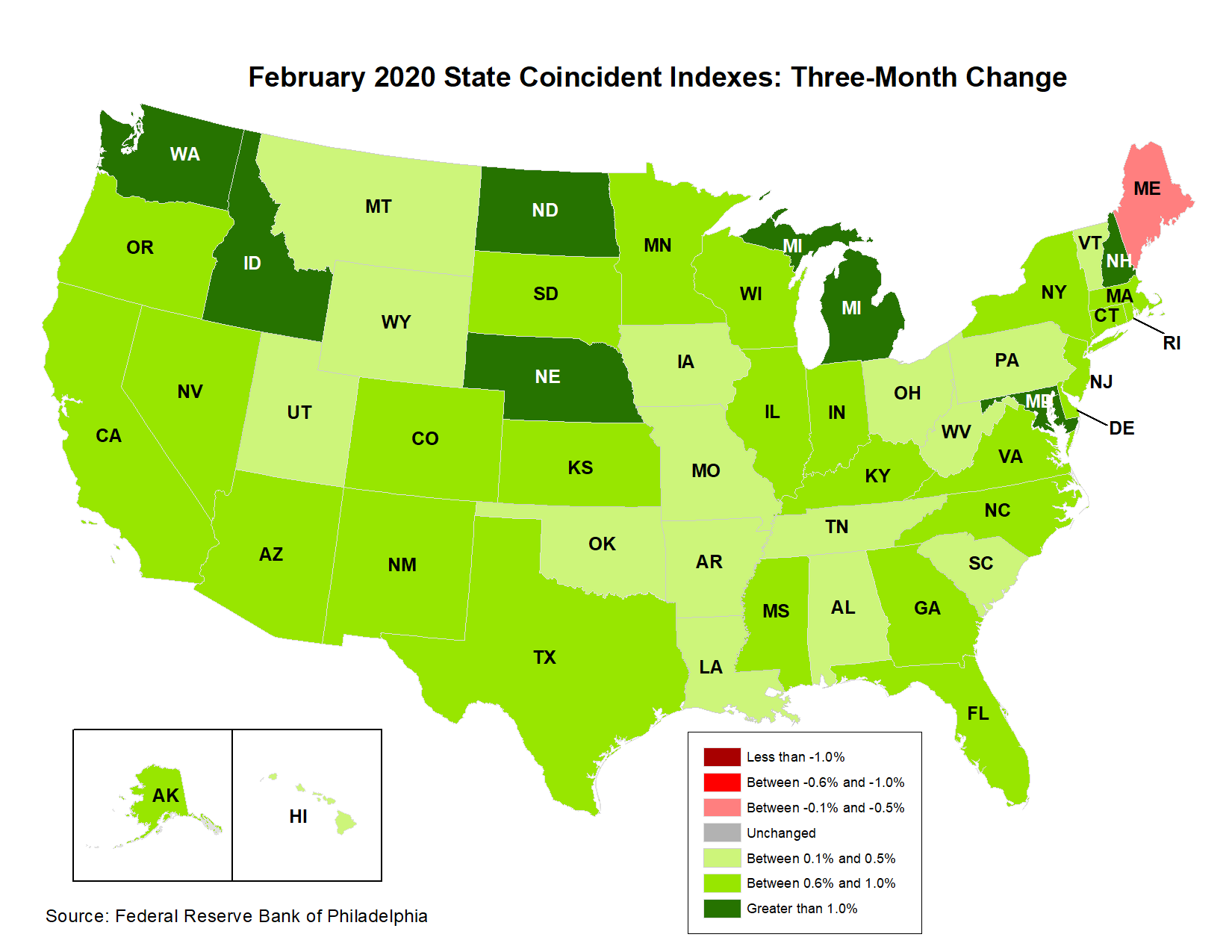 Map of the U.S. showing the State Coincident Indexes Three-Month Change in February 2020