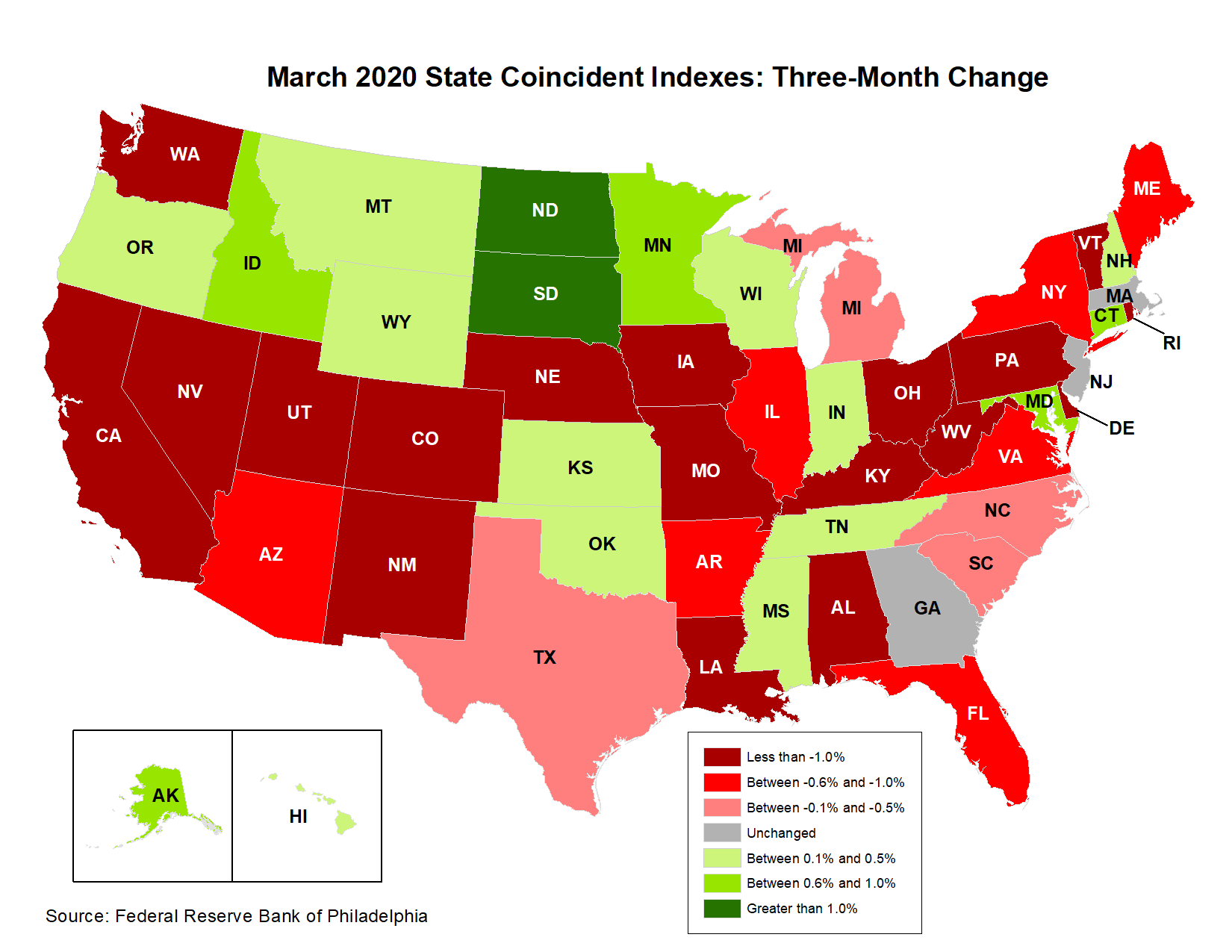Map of the U.S. showing the State Coincident Indexes Three-Month Change in March 2020