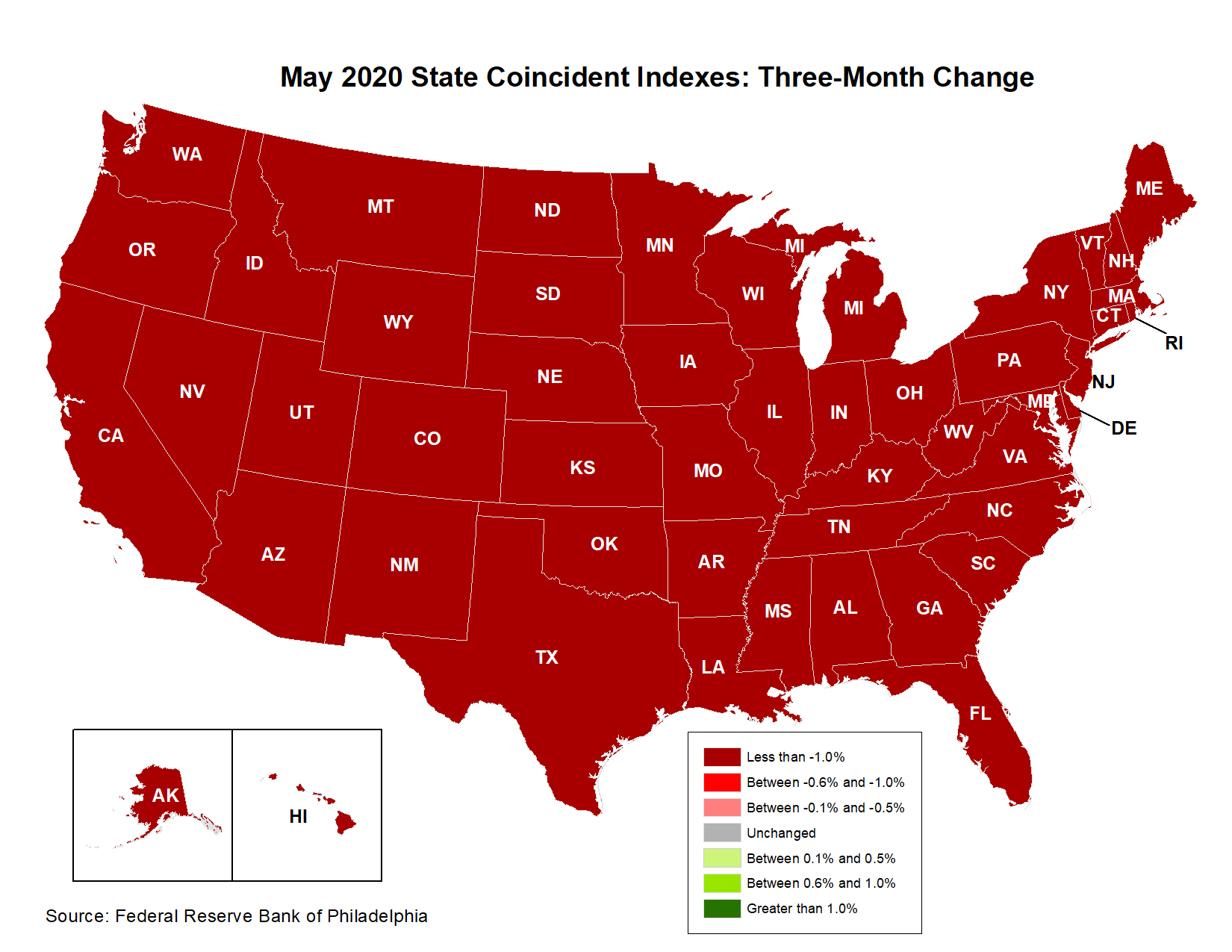 Map of the U.S. showing the State Coincident Indexes Three-Month Change in May 2020