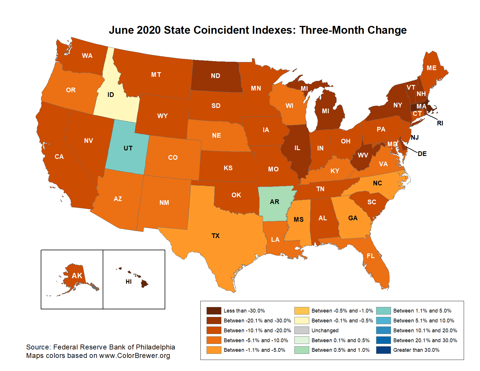 Map of the U.S. showing the State Coincident Indexes Three-Month Change in June 2020