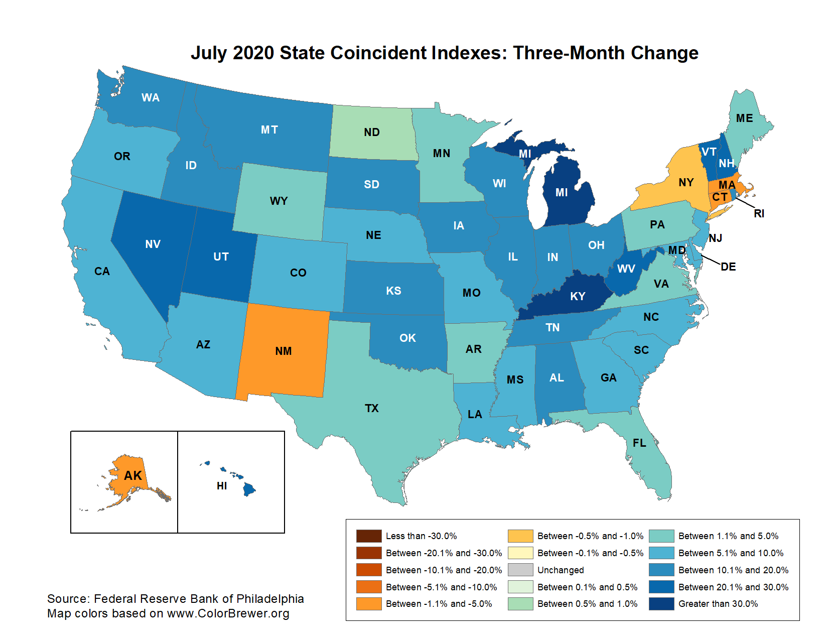 Map of the U.S. showing the State Coincident Indexes Three-Month Change in July 2020