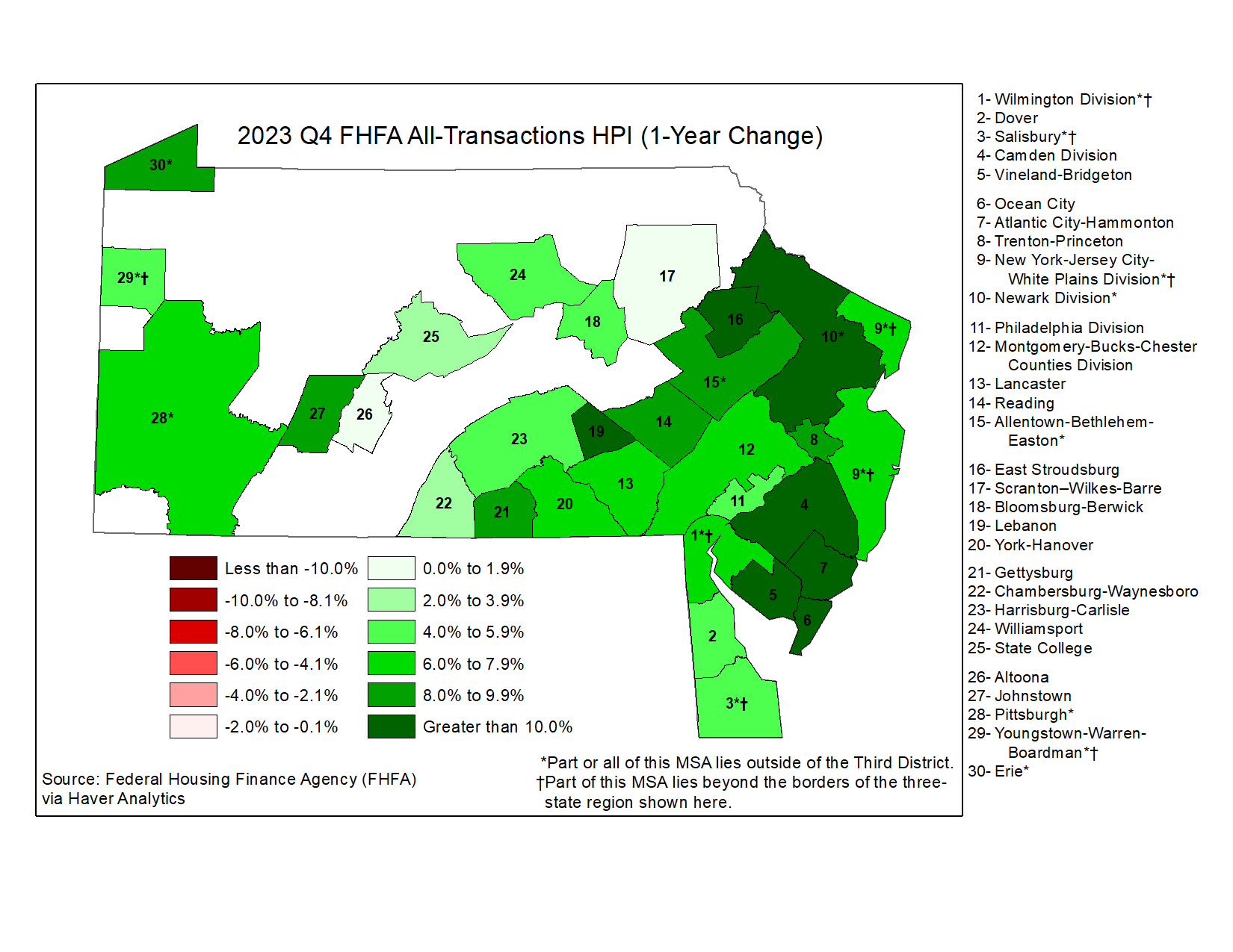 Map showing FHFA All-Transactions HPI (1-Year Change)
