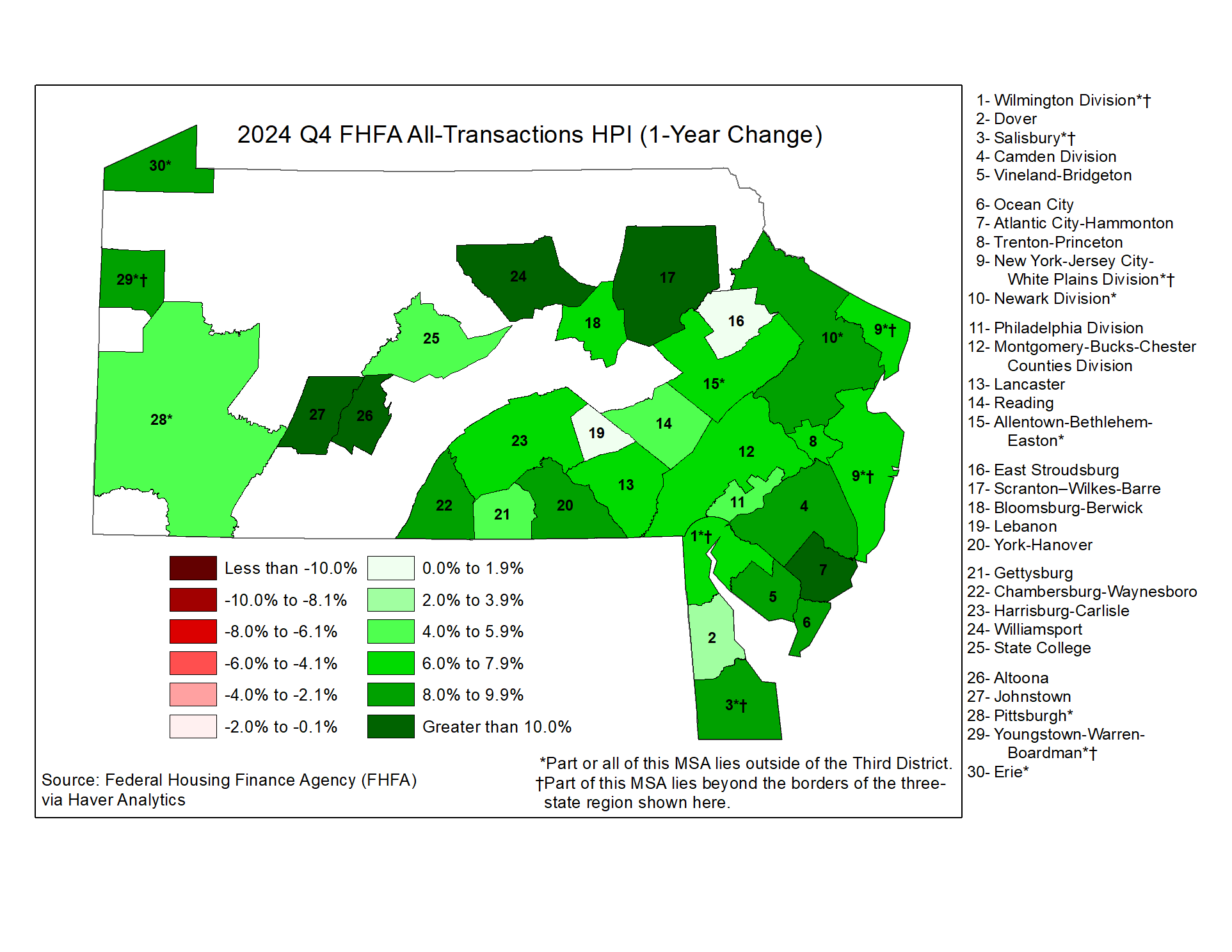 Map showing FHFA All-Transactions HPI (1-Year Change)